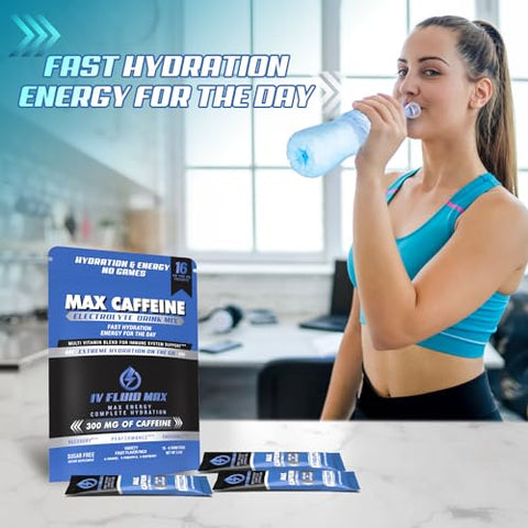 IV FLUID MAX - Hidratação Acelerada – 300 mg de Cafeína – Mistura Energética de Bebida Eletrolítica – Bebida Pré-Treino/Recuperação