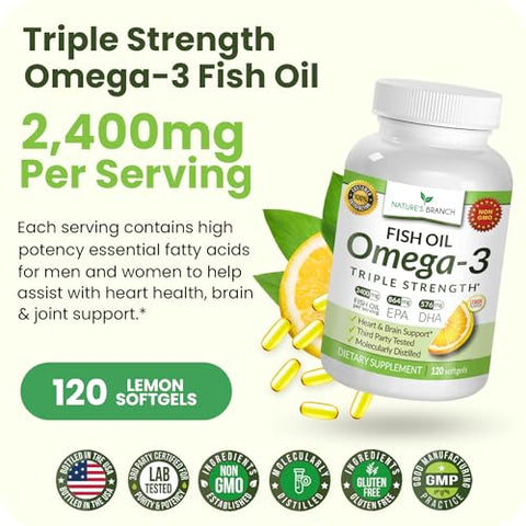 Nature's Branch - Melhor Ômega 3 Triplo Forte em Cápsulas 2400mg | 120 Unidades | Sabor Limão Potente sem Arrotos | 864mg EPA 576mg DHA Cápsulas Líquidas Ultra Pura | Cérebro Articulações Olhos Cabelos