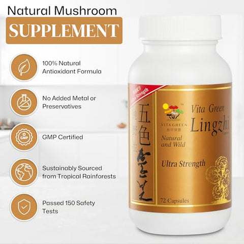 Reishi Mushroom Lingzhi – Extrato de Fungo Antioxidante Puro 100% Natural para Energia e Suporte Imunológico – 72 Cápsulas - Vita Green