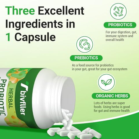 Tbivfller - Probióticos para Mulheres e Homens – 300 Bilhões UFC, 24 Cepas Probióticas 15 Ervas Orgânicas Blend Prebióticos, Pre e Probióticos, Saúde Digestiva, Imunidade