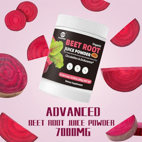 GANOHERB - Pó de Beterraba 7000mg, Concentrado Orgânico de Suco de Beterraba em Pó com Cogumelo Reishi, Suplemento Superfood de Bebida de Beterraba para Circulação e Resistência, Vegano, Sem Açúcar