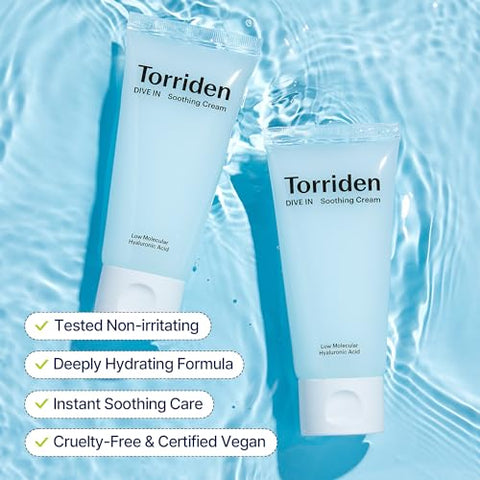 Creme Soothing de Ácido Hialurônico Torriden DIVE-IN 100ml | Hidratante Facial Revitalizante para Pele Sensível e Seca | Sem Fragrância, Sem Álcool, Sem Corantes | Vegano