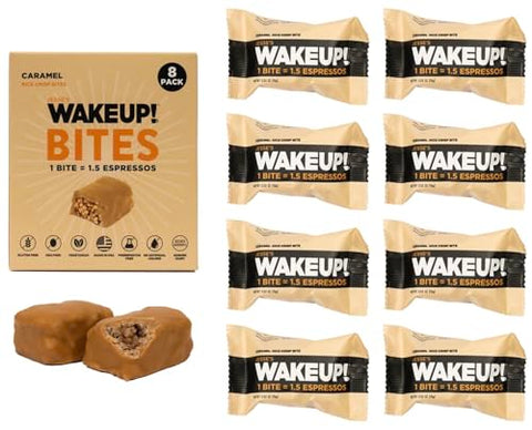 Jesse's WakeUP! - WAKE UP! Bites de Proteína Caramelada Cafeinada – Sem Glúten, Vegetariano, 175mg de Cafeína (1 Bite = 1,5 Espressos) – Aumenta o Foco e a Clareza – Ingredientes Kosher – 8 Pacotes