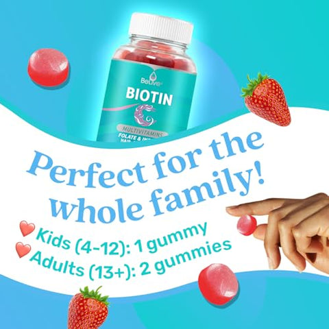 Gomas de Biotina com Multivitaminas, Folato, Inositol – Suporta o Crescimento Capilar, Pele Saudável - BeLive