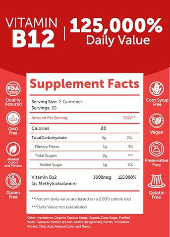 Gomas de Vitamina B12 Extra Forte 3000mcg – Energia Diária Deliciosa e Estímulo ao Metabolismo – Vegan B12 Methylcobalamin 60ct - Lunakai