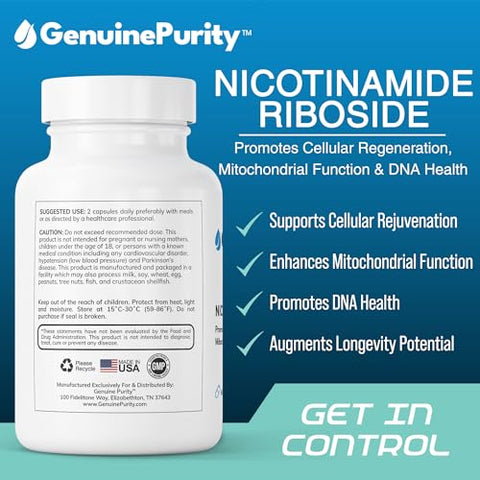 GenuinePurity - Liposomal NR 300mg – Suplemento de Nicotinamida Ribosídeo Avançado para Energia Celular e Função Mitocondrial – Livre de Glúten, Vegano – Fabricado nos EUA – Não-OGM – 60 Cápsulas