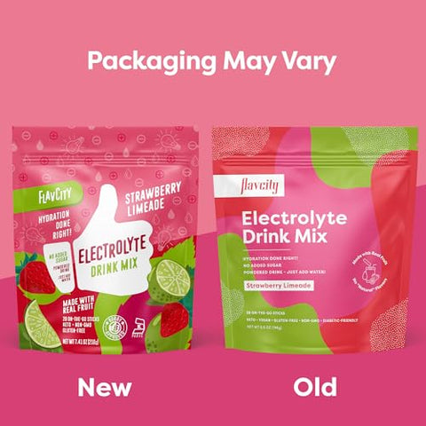 Strawberry Limeade Electrolytes Drink Mix – 28 Sachês Práticos – Pó de Eletrólitos Saudável Feito com Frutas Reais – Bebida em Pó Keto sem Adição de - FlavCity