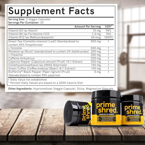 PrimeShred - Pílulas Termogênicas Supressoras de Apetite para Homens, Suplemento de Perda de Peso de Ação Tripla com Cafeína, Estimulante de Energia para Treinos (90 Cápsulas)