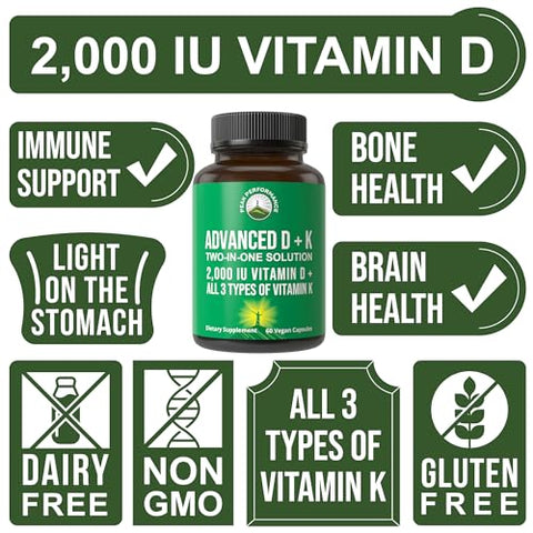 Advanced Vitamin D 2000 IU com Todos os 3 Tipos de Vitamina K – D3 e K2, K1, MK-7 (MK7), MK4. 60 Cápsulas Vegetais Pequenas e Fáceis de Engolir - Peak Performance