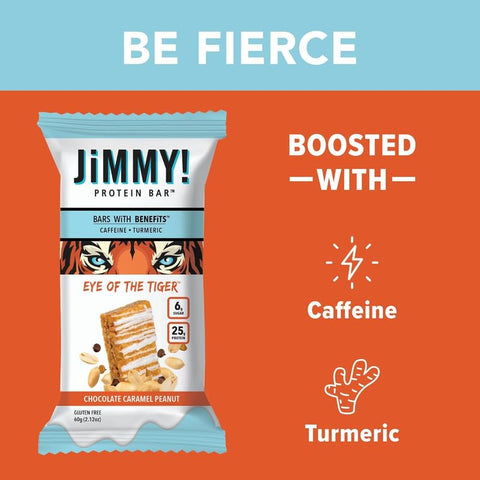 JIMMYBAR - JiMMY’S! Barra de Proteína Funcional – Caramelo Chocolate Nut – Eye of the Tiger – 12 Unidades – Barra de Proteína de Alto Desempenho com Cafeína e Cúrcuma – Baixo teor de açúcar, 25g de Proteína