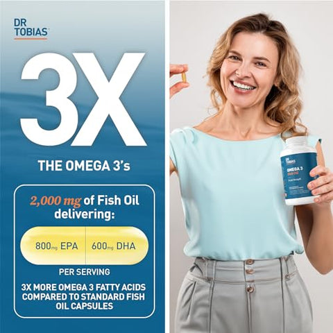 Ômega 3 Óleo de Peixe, 2000mg Triplo Forte Ômega 3 Suplemento com 800mg EPA 600mg DHA Por Porção, Suplementos de Ômega 3 de Óleo de Peixe para Coração, Cérebro - Dr. Tobias