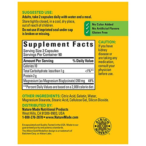 Magnesium Glycinate 200 mg – Suporte Muscular, Cardíaco, Nervoso e Ósseo – 180 Cápsulas de Magnésio Bisglicinato – Fornecimento de 90 Dias - Nature Made