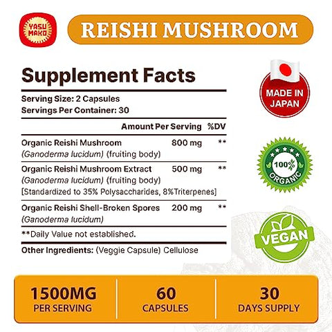Yasumako - Suplemento de Cogumelo Reishi Japonês 800mg com Extrato de Cogumelo Reishi 500mg