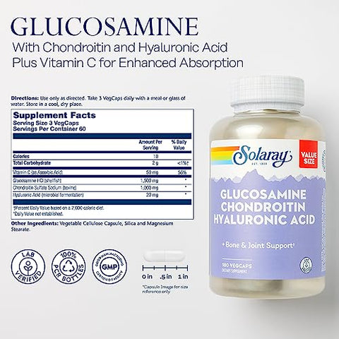 SOLARAY - Solaray Glucosamina Condroitina Ácido Hialurônico, Suporte para Ossos e Articulações Saudáveis, Suplemento com Vitamina C para Absorção Aumentada, Verificado em Laboratório, Garantia de 60 Dias, 60 Porções