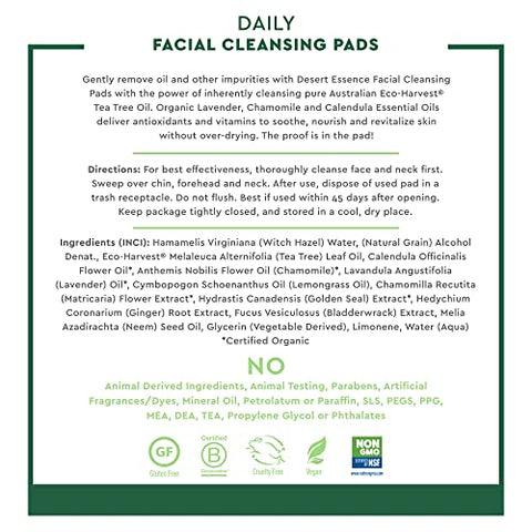 Desert Essence - Desert Essene Almofadas de Limpeza Facial Diária com Puro Óleo de Tea Tree Australiano, Hamamélis e Calêndula  Desert Essene
