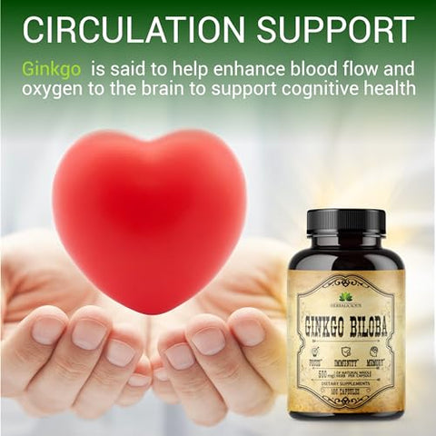 HERBALICIOUS - Cápsulas de Ginkgo Biloba – Suplemento Natural Diário para Apoio à Clareza Mental, Foco, Estimulação da Memória, Alívio do Estresse, Saúde do Coração e do Cérebro