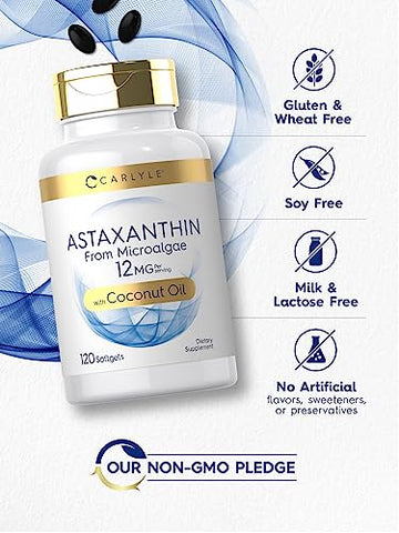 Astaxantina 12mg | 120 Cápsulas | Suplemento de Microalgas | com Óleo de Coco | Não-OGM - Carlyle