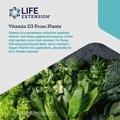 Vegan Vitamina D3 – Saúde das Articulações/Ossos, Suporte Imunológico, Livre de Transgênicos e Glúten, 60 Cápsulas - Life Extension