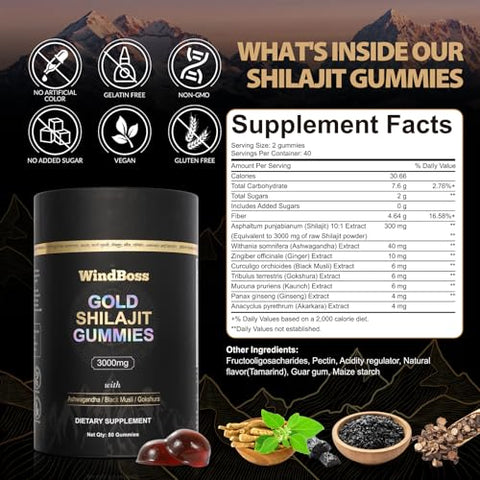 WindBoss - Shilajit Gummies | Shilajit Himalaia Grau Ouro com Ashwagandha e Gokshura para Homens | 60 gomas