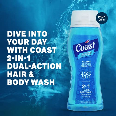 2-em-1 Gel de Banho e Shampoo, Fragrância Clássica – Gel de Banho e Shampoo para Homens - Coast