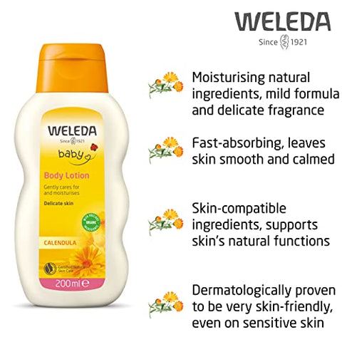 Baby Calendula Loção Corporal Reconfortante, Hidratante Vegetal com Calêndula, Camomila, Amêndoa Doce e Óleos de Gergelim, 200 ml - Weleda