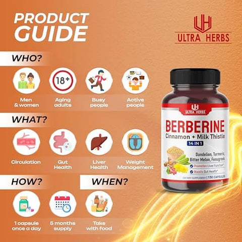 ULTRA HERBS - Premium Berberine 12,200MG com Canela, Cardo de Leite *Fabricado nos EUA | Berberina Premium 12,200MG com Canela e Cardo de Leite