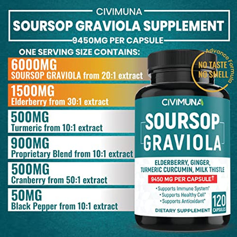 CIVIMUNA - Cápsulas de Extrato de Graviola Soursop | 9450mg | 120 Cápsulas – 4 Meses de Suprimento | Graviola, Sabugueiro e Curcumina de Cúrcuma