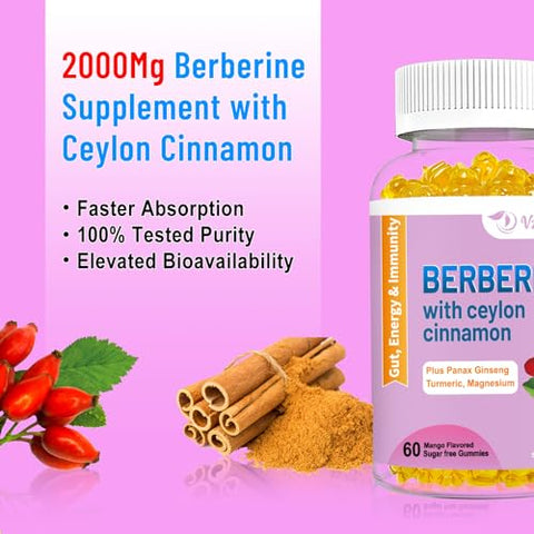 VZOXAINS - Gomas de Berberina com Canela do Ceilão, 2000 mg de Alta Potência de Berberina HCI, Suporte à Saúde Imunológica, 120 Gomas com Sabor de Manga