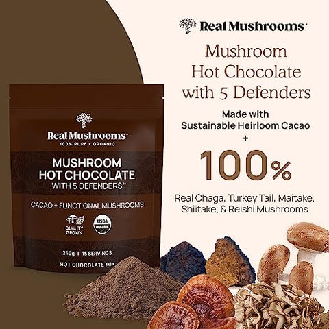 Mix de Chocolate Quente Orgânico com 5 Defensores (Cauda de Peru, Chaga, Maitake, Shiitake) | 100% Natural e Delicioso | 200g - Real Mushrooms