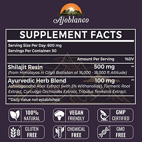 600mg Shilajit Puro do Himalaia – Resina Orgânica de Shilajit com Mistura Ayurvédica em Alta Potência para Energia e Força - Ajoblanco
