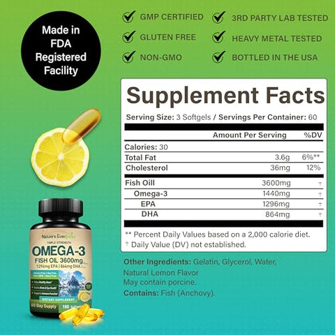 Nature's Evergreen - Óleo de Peixe Ômega 3 Triplo Forte 3600 mg | 2160mg de Ácidos Graxos Ômega-3 | 1296mg EPA 864mg DHA | Melhores Ácidos Graxos Essenciais | Cápsulas Líquidas de Alta Pureza