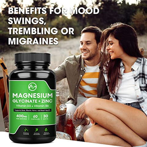 M inch - (2 Pacotes) Cápsulas de Magnésio Glicinato, Suplemento de Magnésio 400 mg com Zinco e Vitamina D3