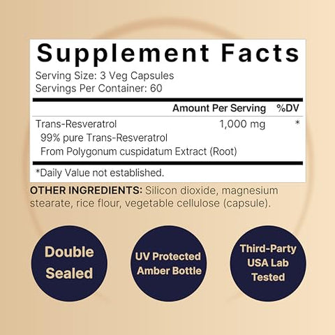 Resveratrol 1000mg – 180 Cápsulas Vegetais, 99%% Puro Trans-Resveratrol, Antioxidante para Envelhecimento Saudável, Cérebro - NatureBell