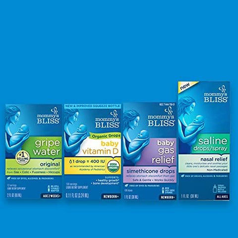 Conjunto Presente Essenciais para Recém-Nascidos Mommy’s Bliss: Água para Cólicas, Vitamina D para Bebês/Gotas para Gases e Soro Fisiológico Suave em Gotas/Spray