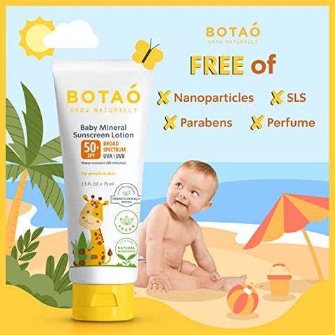 BOTAO - Protetor solar para bebês 100%% mineral Óxido de Zinco – Loção segura e natural de proteção solar para bebês: FPS50 Amplo Espectro UVA UVB, Para pele sensível do rosto e corpo do bebê, Creme protetor solar