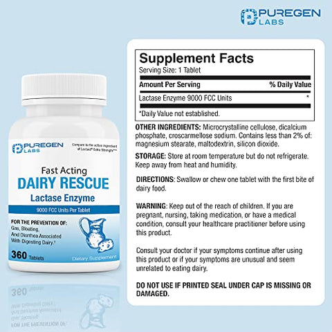P Puregen Labs - Puregen Labs – Lactase Enzima 9000 FCC, Comprimidos para Intolerância à Lactose 360 Unidades