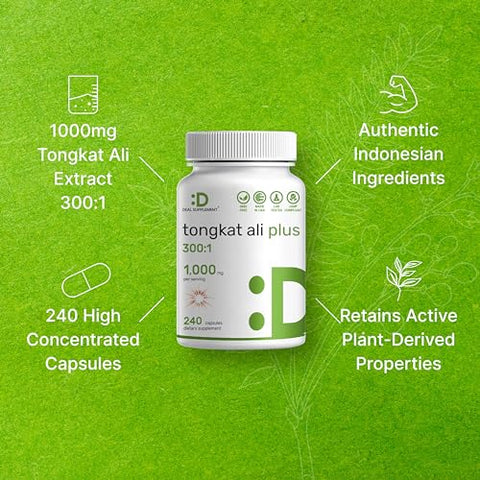 DEAL SUPPLEMENT - Extrato de Tongkat Ali 300:1 com Erva Daninha Horny Goat Weed 1.100mg, 240 Cápsulas – Longjack Indonésio