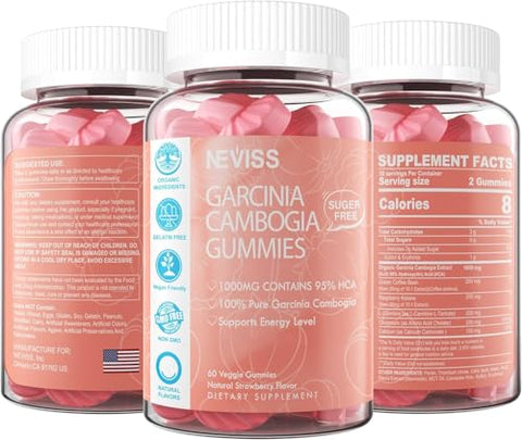 NEVISS - Gummies Garcinia Cambogia Sem Açúcar 1000mg 95%% HCA com L-Carnitina, Cetona de Framboesa, Cromo, Café Verde para Metabolismo, Energia, Extrato Orgânico 100%%, Vegano