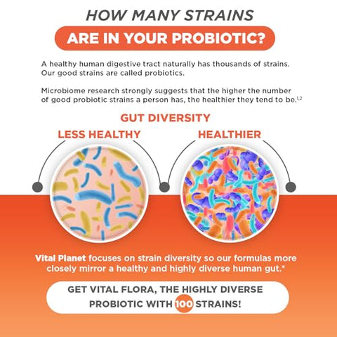Vital Flora Probiótico Avançado 100 Bilhões UFC, 100 Cepas Diversas, 10 Prebióticos Orgânicos, Suporte Imunológico, Saúde Digestiva Probióticos Estáveis para Mulheres - Vital Planet