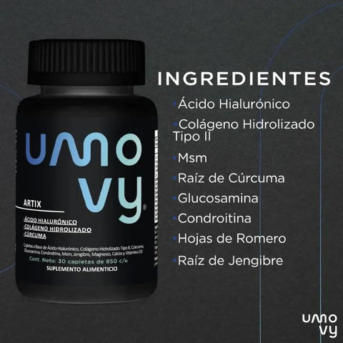 Umovy - Artix 30 Caplets 850 mg Colágeno Tipo II Hidrolisado, Ácido Hialurônico, Cúrcuma, Glucosamina, Condroitina, MSM, Gengibre, Magnésio, Cálcio, Vitamina D – Comprimidos
