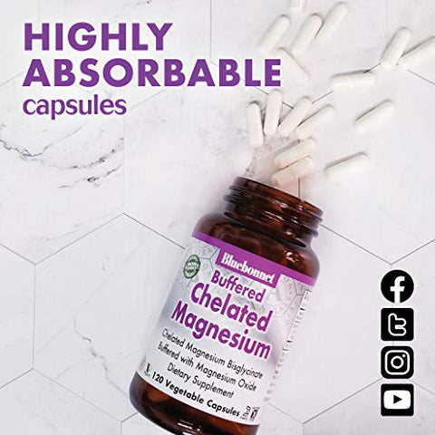 Nutrition Albion Buffered Chelated Magnesium 200 mg – Alívio do Estresse, Vegano, Sem OGM, Sem Glúten, Sem Soja, Sem Leite, Kosher – 120 Cápsulas Vegetais - Bluebonnet
