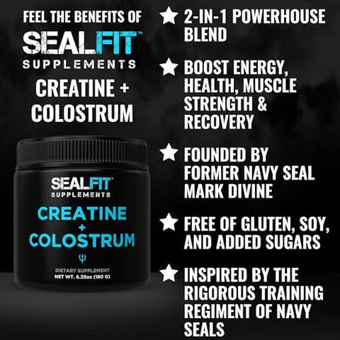 SEALFIT Supplements - SEALFIT Creatine Colostrum: Pó de Colostro Bovino de Alta Qualidade e Monohidratado de Creatina. Suplemento 2 em 1 para Energia, Força, Recuperação, Suporte Imunológico e Intestinal