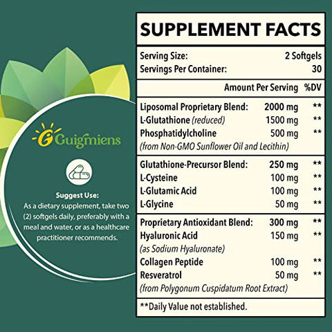 Guigmiens - Liposomal Glutationa 2000 MG, Absorção 10x Melhor, Suplemento com Ácido Hialurônico Colágeno Peptídeo Resveratrol, Poderoso Antioxidante, Envelhecimento Saudável, Imunidade