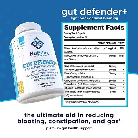 Gut Defender – Suplemento Dietético para Equilíbrio do Microbioma Intestinal, 180 Cápsulas, 90 Porções - NuEthix Formulations