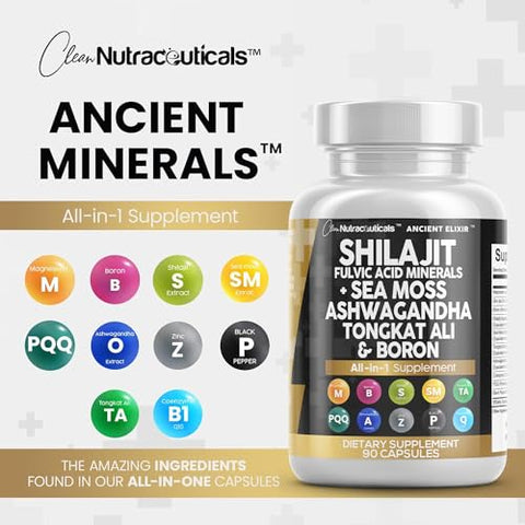 Clean Nutraceuticals - Shilajit 10.000mg com Sea Moss 6000mg, Ashwagandha 6000mg, Tongkat Ali, Boro, Magnésio – Cápsulas de Ácido Fúlvico para Homens – 90 Unidades