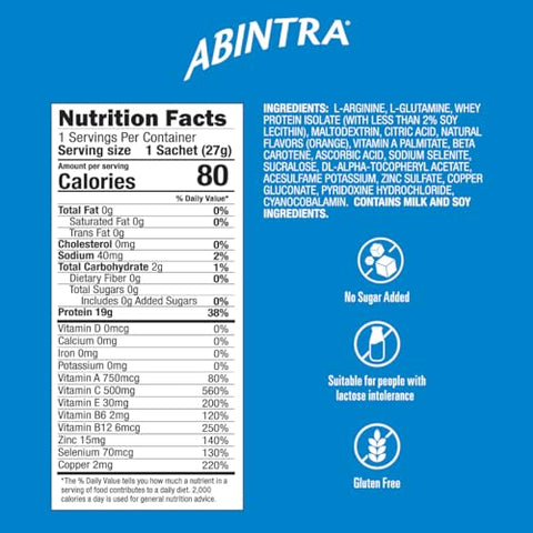 Suplemento Nutricional Especializado para Cicatrização de Feridas com L-Arginina, L-Glutamina, Proteína do Soro do Leite, Vitaminas e Minerais, Sabor Laranja, 6 Pacotes, 27g Cada, Fabricado nos EUA - ABINTRA