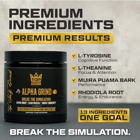 Join Top Shelf Grind - Alpha Grind – Café de Maca Instantâneo para Homens Energia Natural Cérebro Nootrópico para Clareza Eterna, Foco | Crescimento Muscular Magro