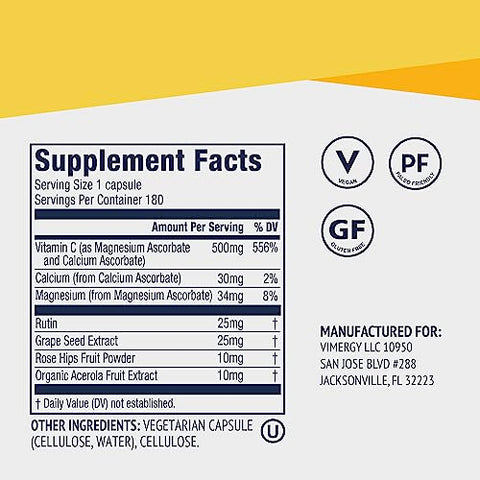 Micro-C® Capsulas – 180 Porções de 500mg de Vitamina C Natural com Rose HIPS, Rutina e Semente de Uva - Vimergy