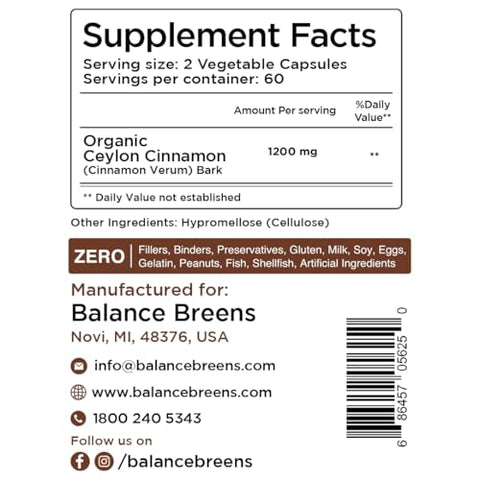 Balancebreens - Canela Ceylon Orgânica 1200mg – 120 Cápsulas Vegetais – Sem Preenchimento – Balance Breens
