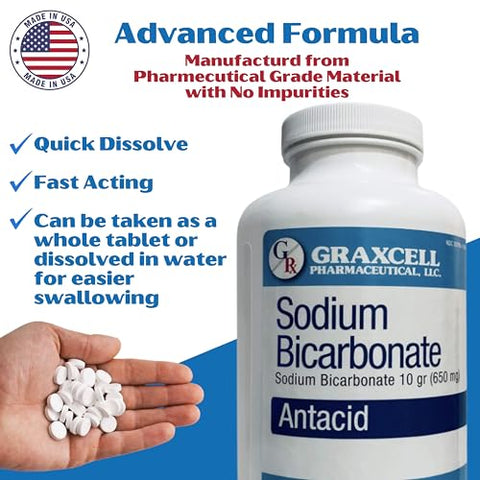 Graxcell - Tabletes de Bicarbonato de Sódio USP 650mg (10 Grãos) | Alívio de Indigestão Ácida, Azia, Má Digestão